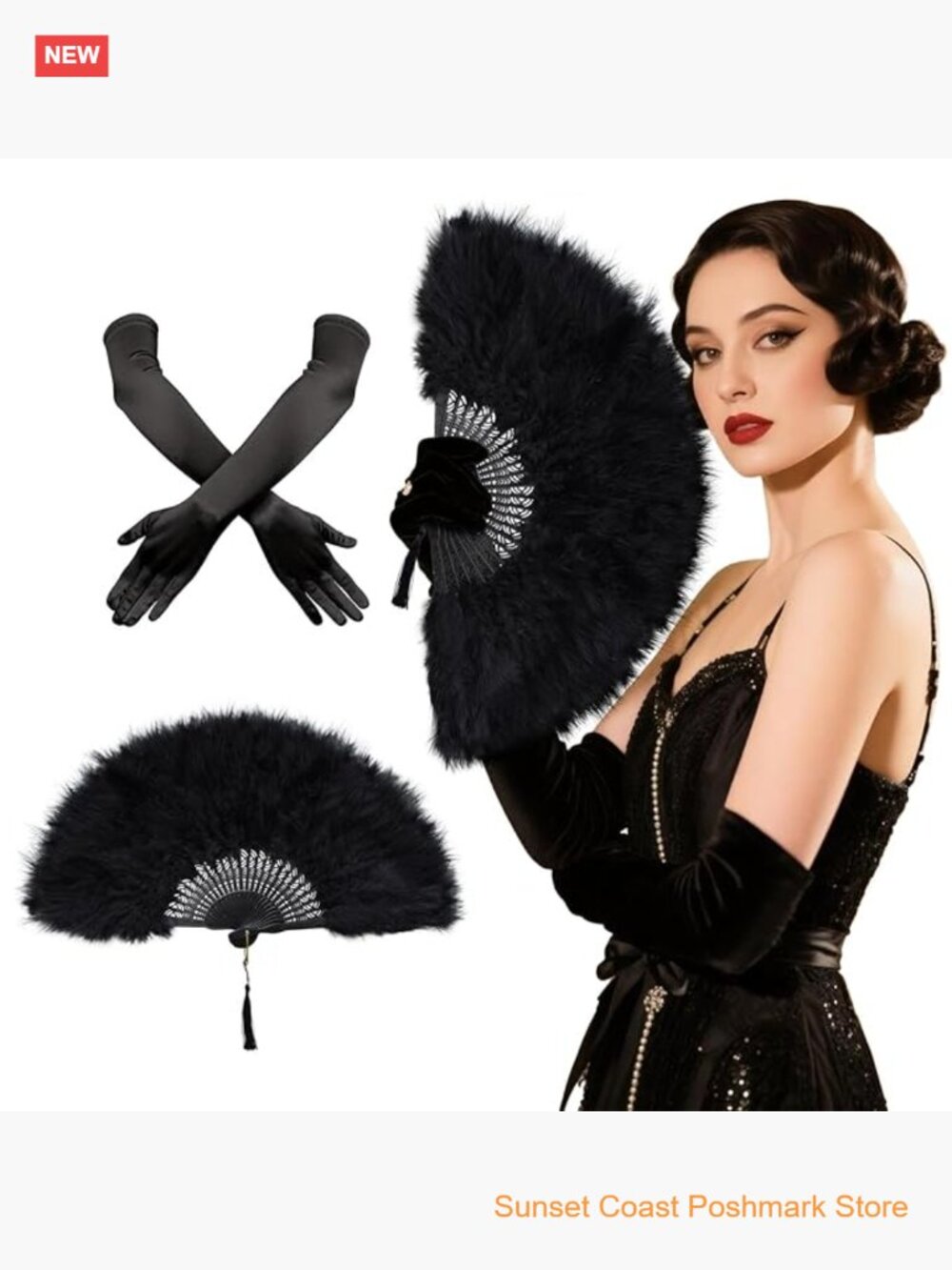 2 Pack 1920s Flapper Accessories Set with Feather Fan and Gloves for Vintage